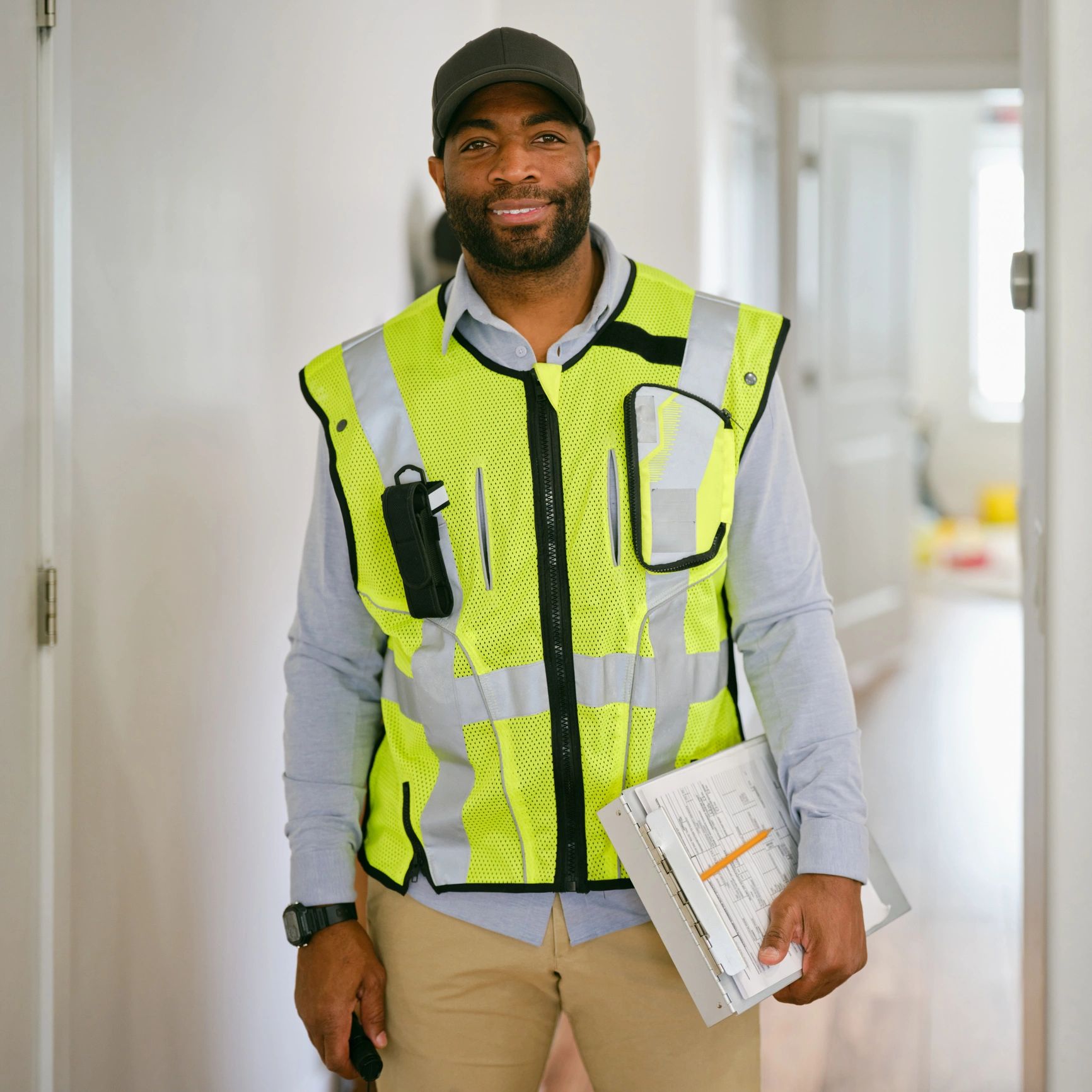 Construction professional standing inside a home under renovation
